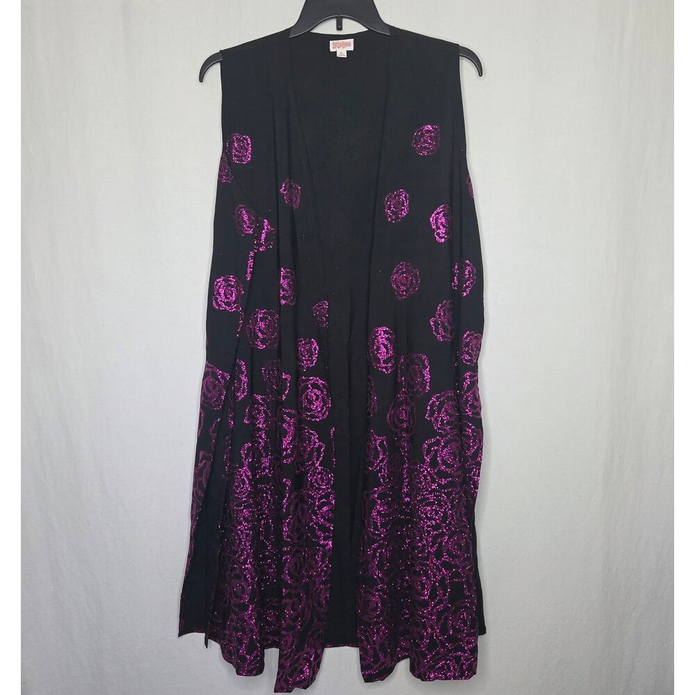 LuLaRoe Elegant Joy Black Purple Rose Glitter Long Cardigan Vest Duster NWT XL